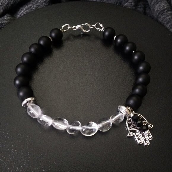 Positivity - Faith - Blessings! Hamsa Hand + Quartz - Black Stone Bracelet - Picture 2 of 7
